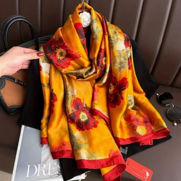 NEW Orange and Red Chrysanthemum Floral Mulberry Silk Wrap Ruana Shawl Scarf
